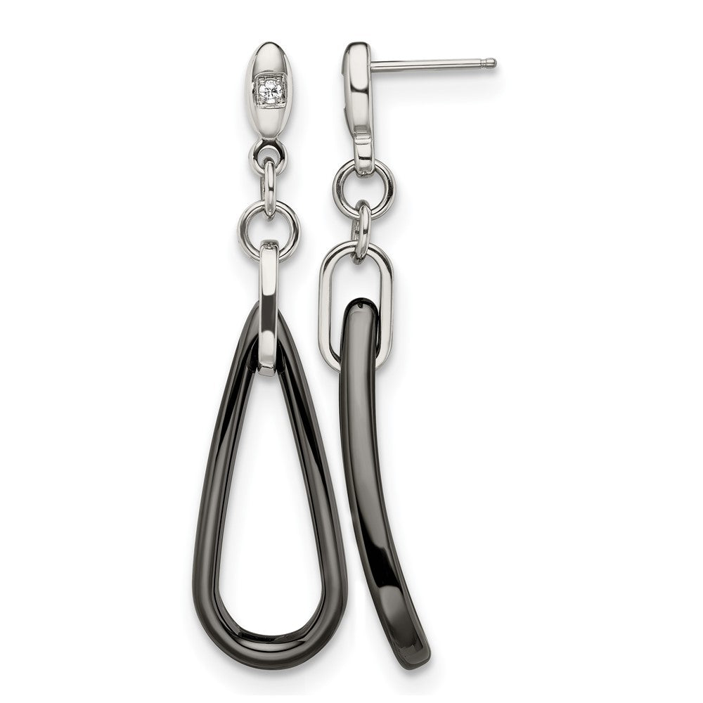 Chisel Stainless Steel Polished with Black Ceramic and CZ Dangle Post Earrings, 35 x 15 mm