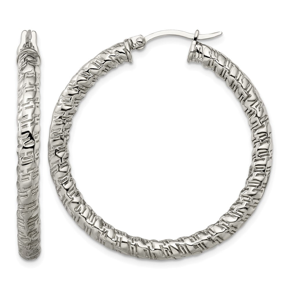 Chisel Stainless Steel Polished and Textured Hollow Hoop Earrings, 40 mm