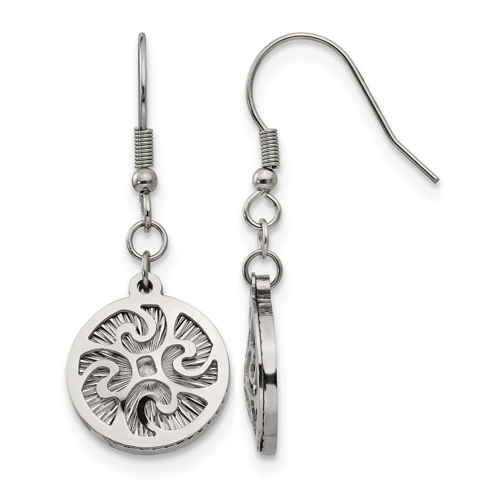 Stainless Steel Polished Textured Shepherd Hook Dangle Earrings, 42.05 x 15.4 mm