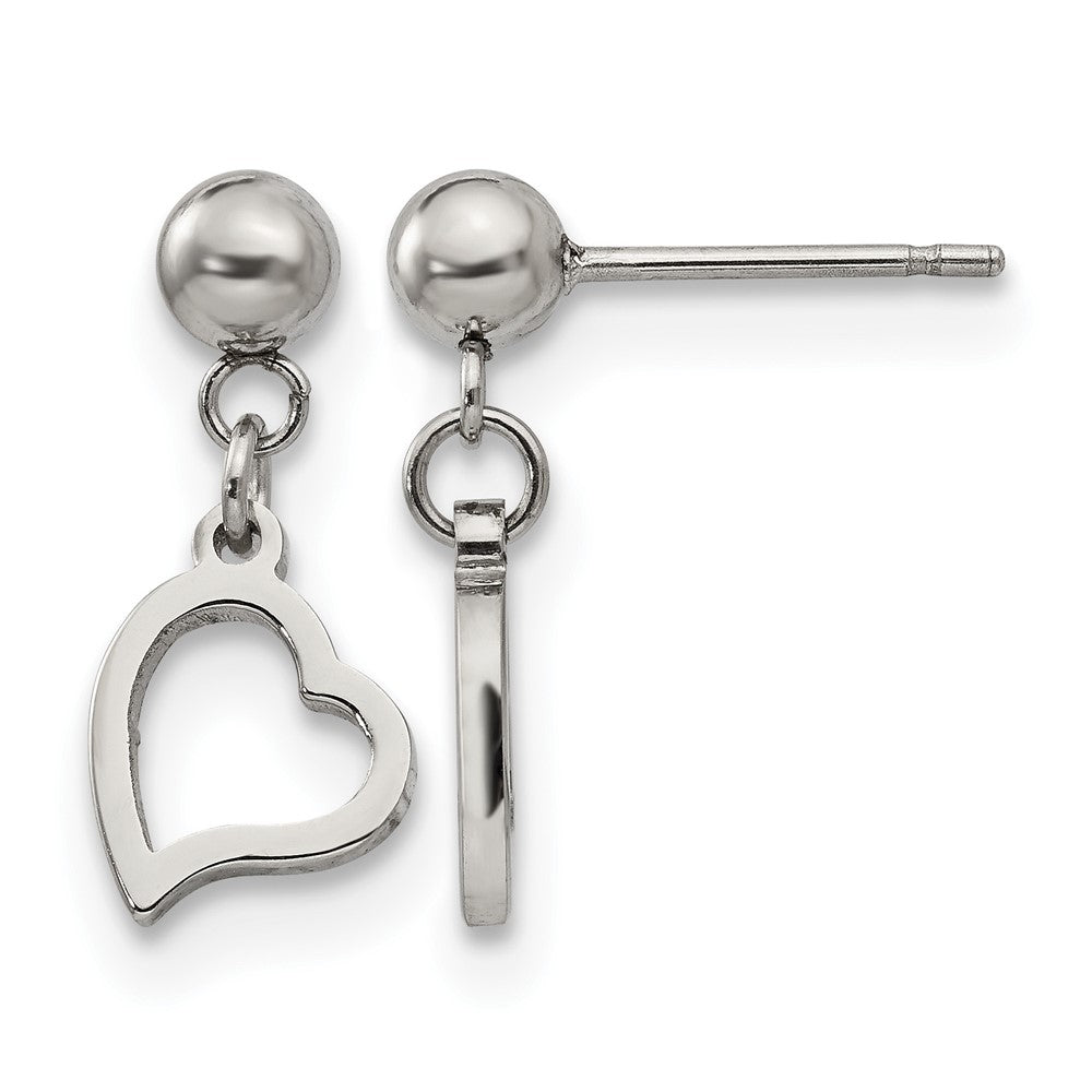 Chisel Stainless Steel Polished 5mm Ball Post Heart Post Dangle Earrings, 9 mm