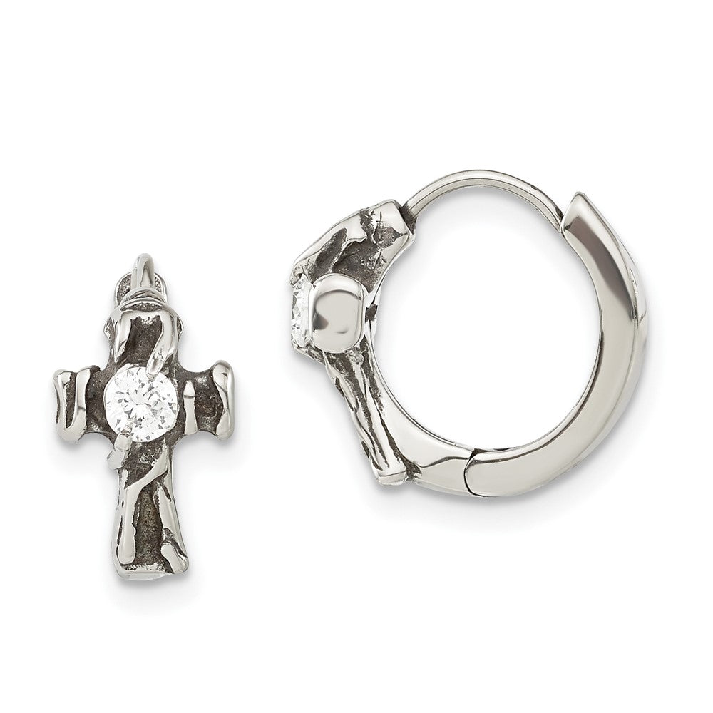 Stainless Steel Antiqued Polished w/ CZ Cross Hinged Hoop Earrings, 13.5 x 7.6 mm