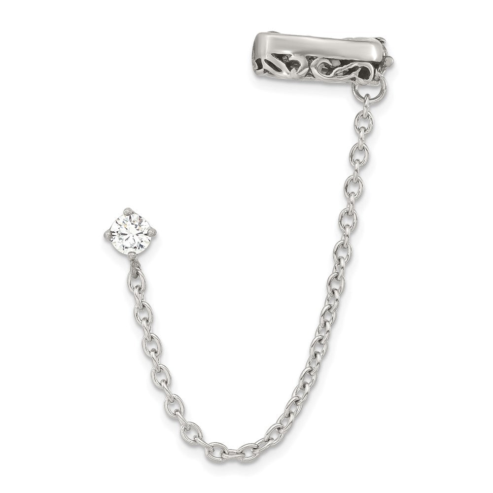 Stainless Steel Antiqued and Polished CZ Cuff Earring (Sold Single), 3 x 4.7 mm