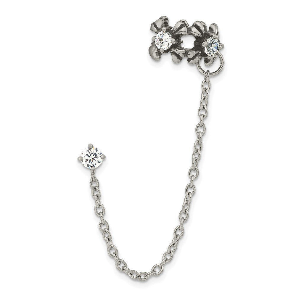 Stainless Steel Antiqued and Polished CZ Cuff Earring (Sold Single), 3 x 8.05 mm