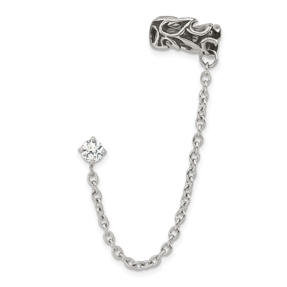 Stainless Steel Antiqued and Polished CZ Cuff Earring (Sold Single), 3 x 6.15 mm