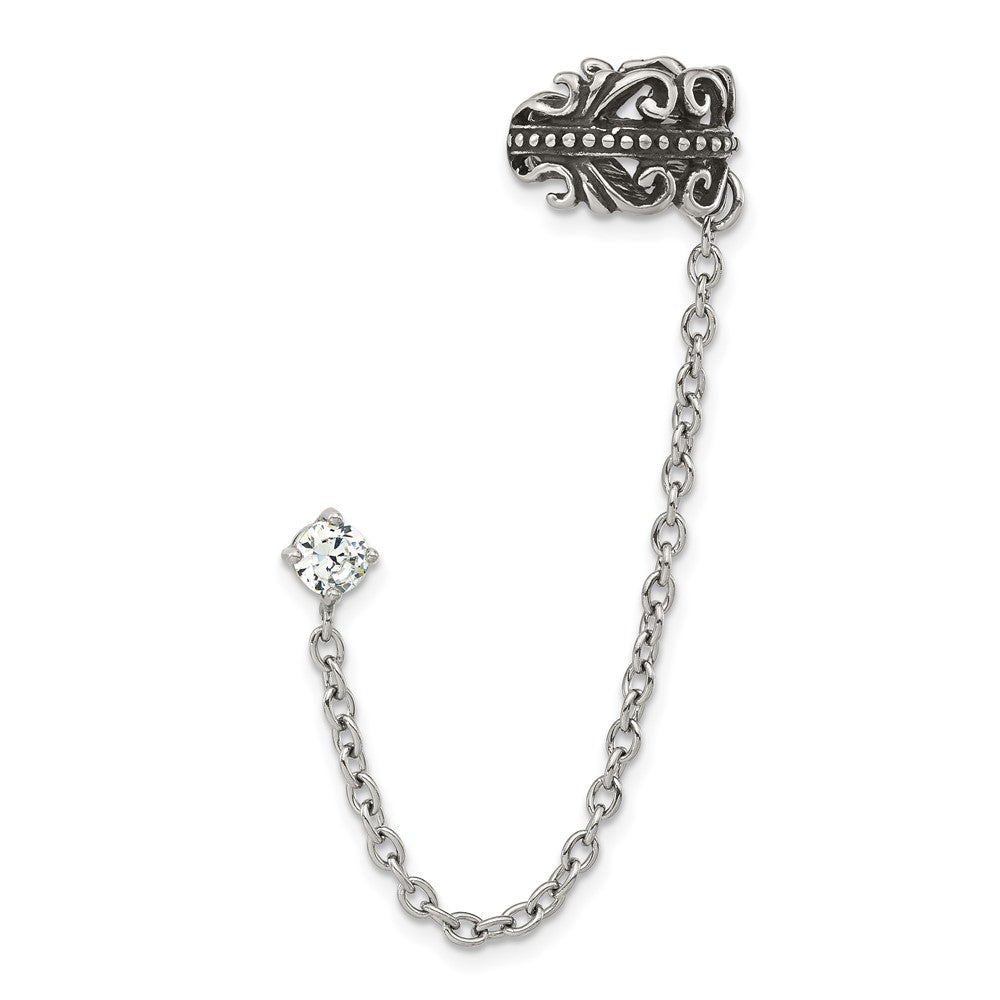 Stainless Steel Antiqued and Polished CZ Cuff Earring (Sold Single), 3 x 8.4 mm