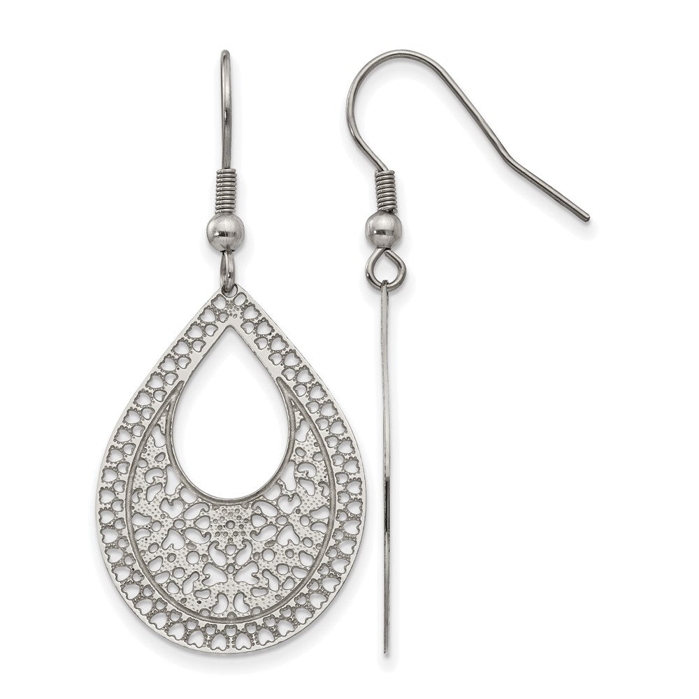 Chisel Stainless Steel Polished Textured Cut-out Design Dangle Shepherd Hook Earrings, 21 mm