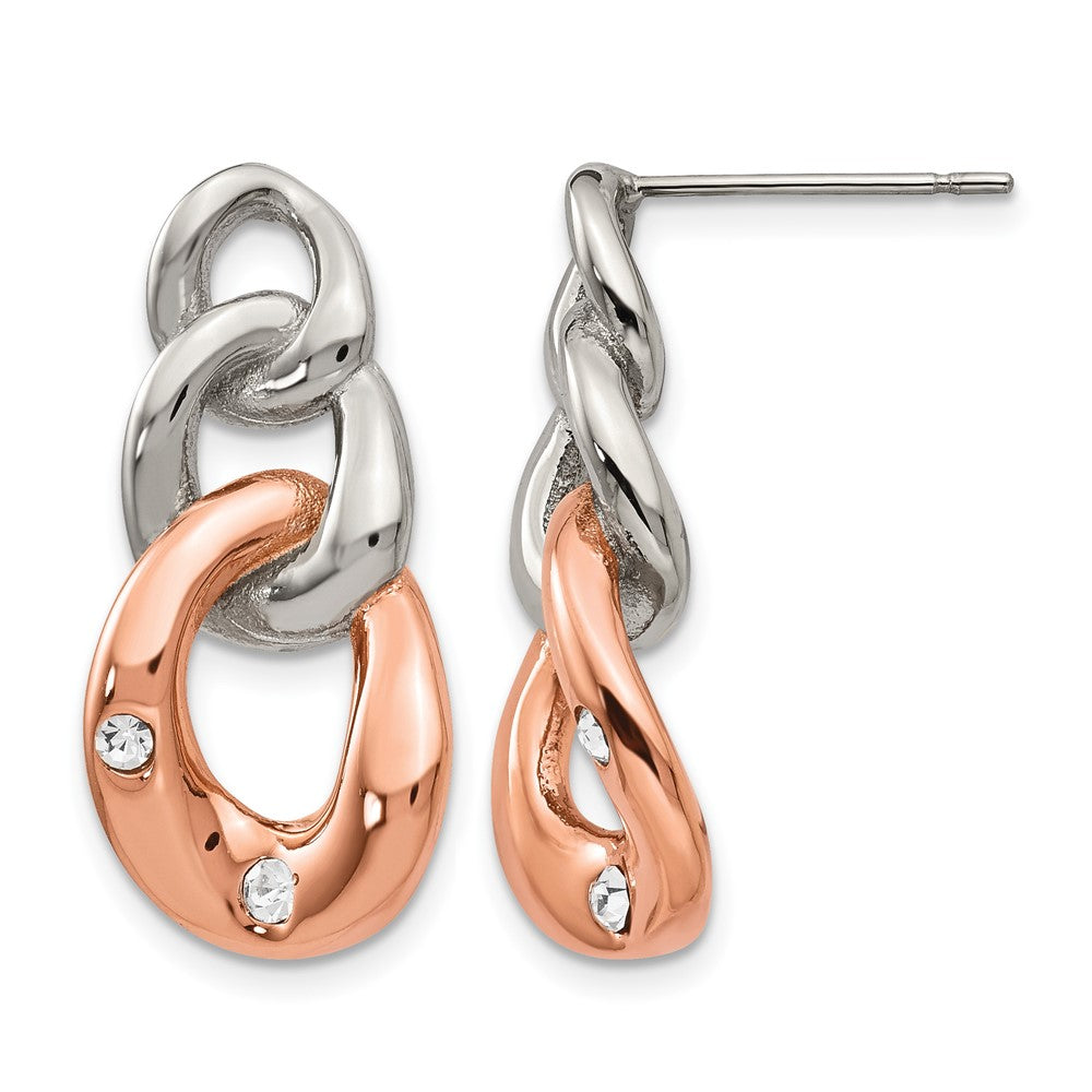 Chisel Stainless Steel Polished Rose IP-plated Loop with Crystal Post Dangle Earrings, 12 mm