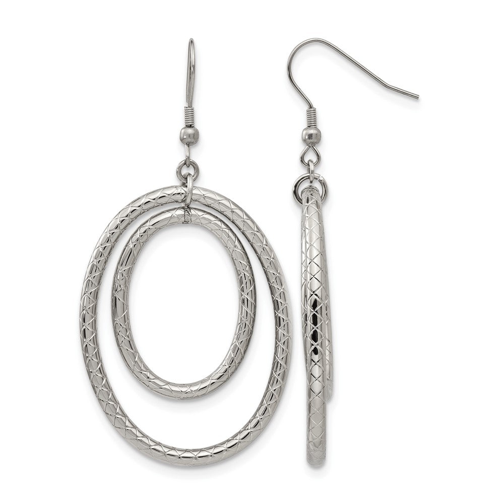 Stainless Steel Polished and Textured Double Oval Dangle Earrings