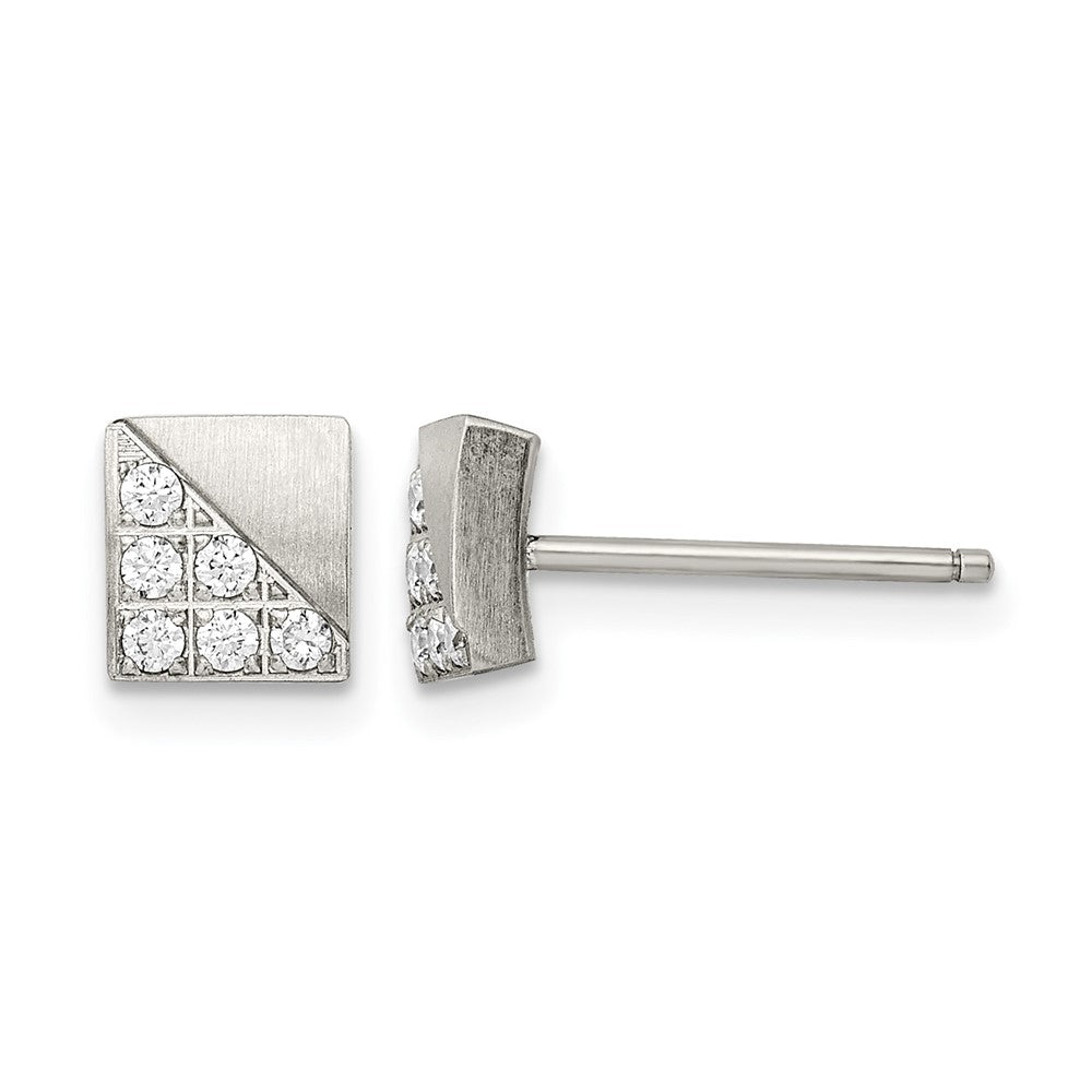 Chisel Stainless Steel Brushed with CZ Square Post Earrings, 6.5 mm