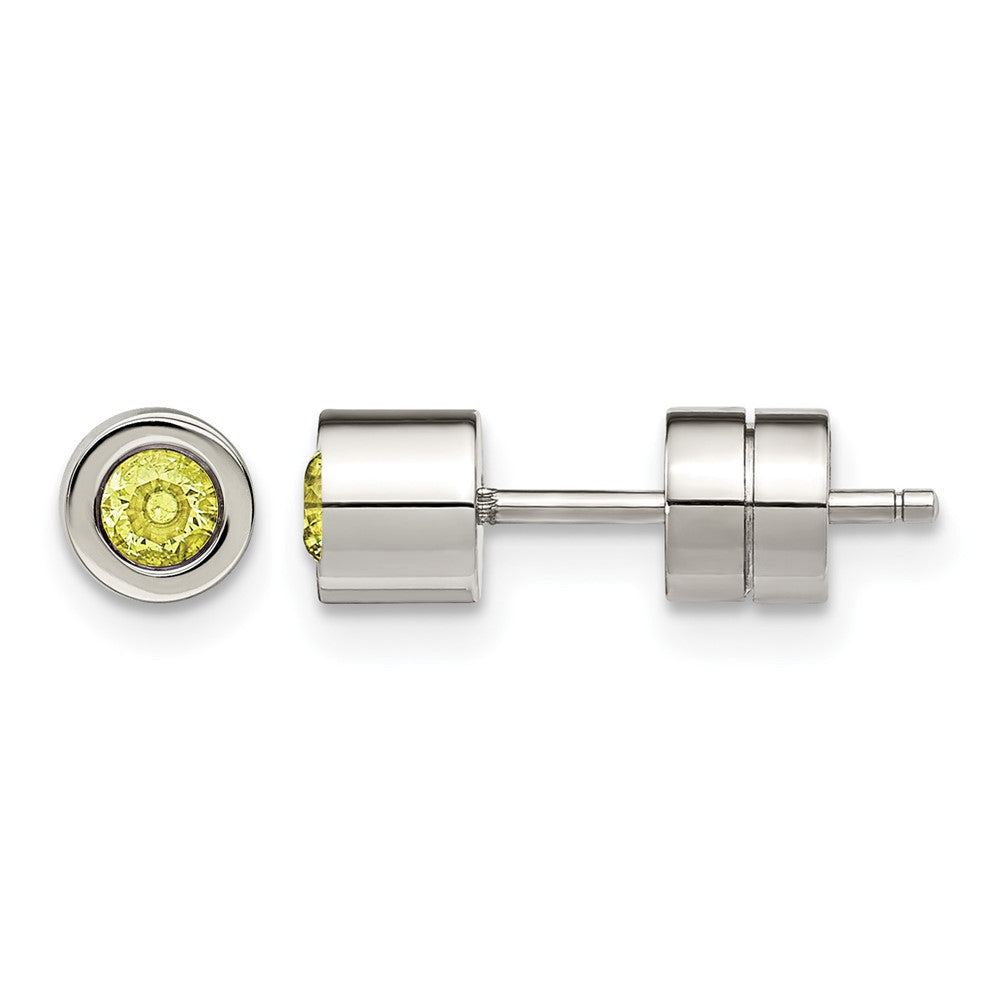 Chisel Stainless Steel Polished Green CZ August Birthstone Post Earrings, 5.5 x 5.5 mm