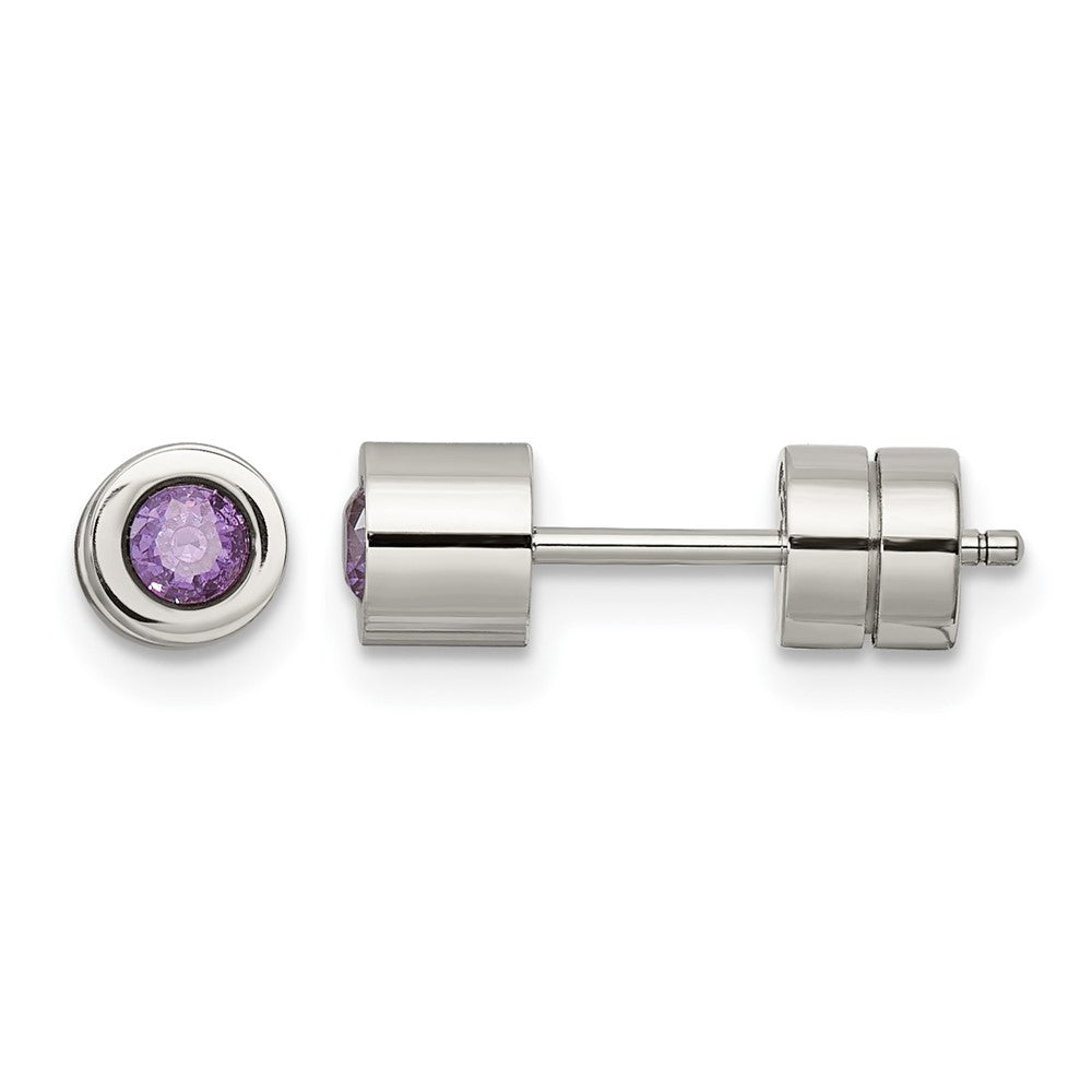 Chisel Stainless Steel Polished Purple CZ February Birthstone Post Earrings, 5.5 x 5.5 mm