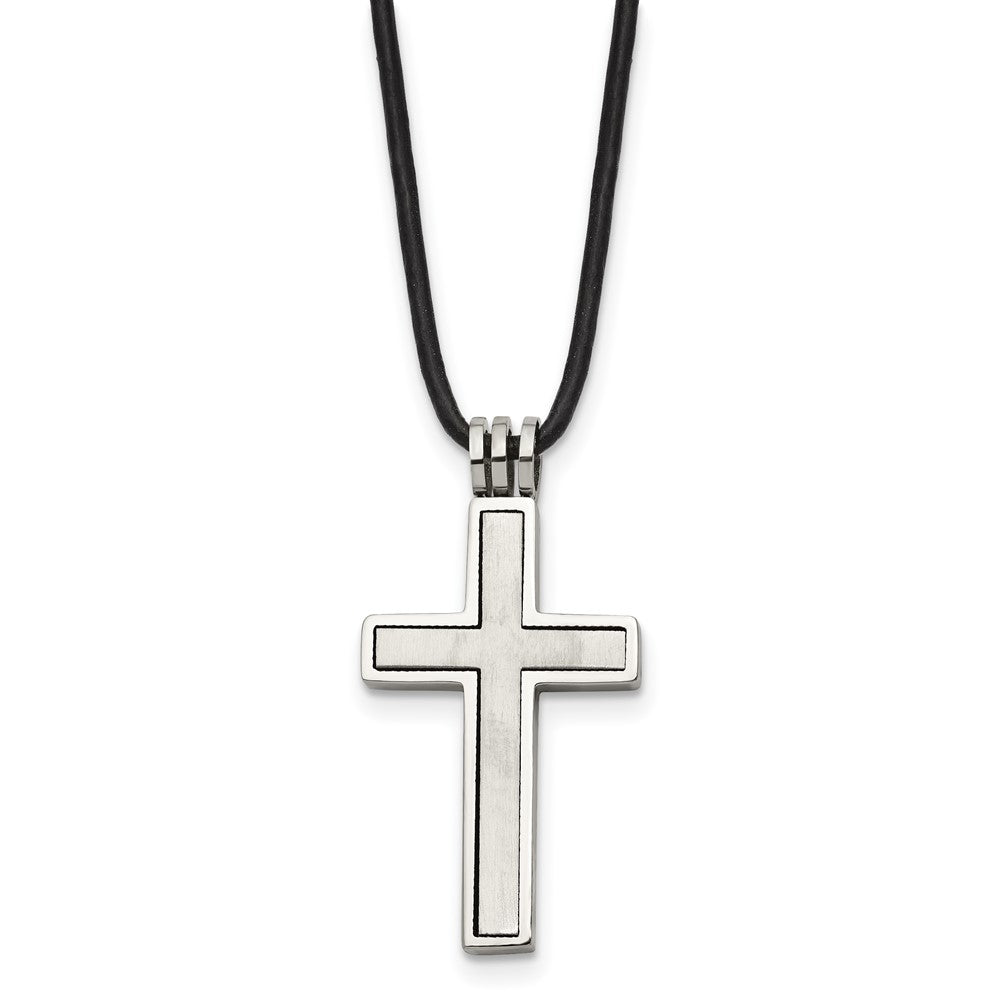 Chisel Stainless Steel Brushed and Polished 2 Piece Movable Cross Pendant on an 18 inch Leather Cord Necklace, 18 x 18 mm