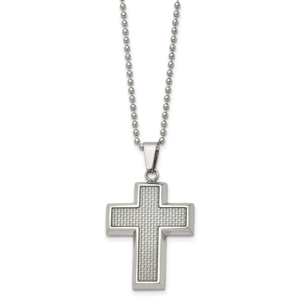Chisel Stainless Steel Polished with Grey Carbon Fiber Inlay Cross Pendant on a 22 inch Ball Chain Necklace, 22 x 25 mm