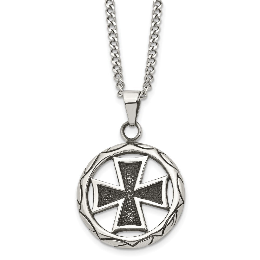 Chisel Stainless Steel Antiqued and Polished Cross in Circle Pendant on a 22 inch Curb Chain Necklace, 22 x 31 mm