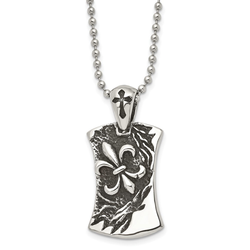 Chisel Stainless Steel Antiqued and Polished Fleur de lis Dog Tag on a 22 inch Ball Chain Necklace, 22 x 22 mm