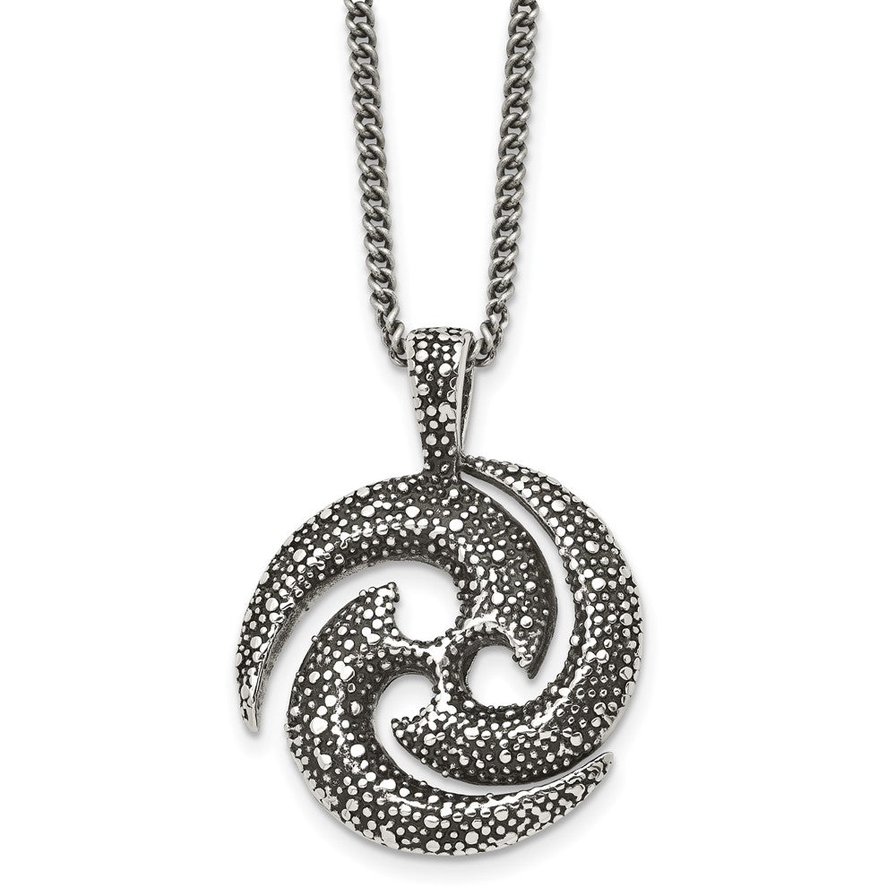 Chisel Stainless Steel Antiqued and Textured Spiral Pendant on a 22 inch Curb Chain Necklace, 22 x 31 mm