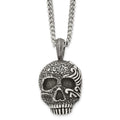 Chisel Stainless Steel Antiqued and Textured Skull Pendant on a 24 inch Curb Chain Necklace, 24 x 29 mm