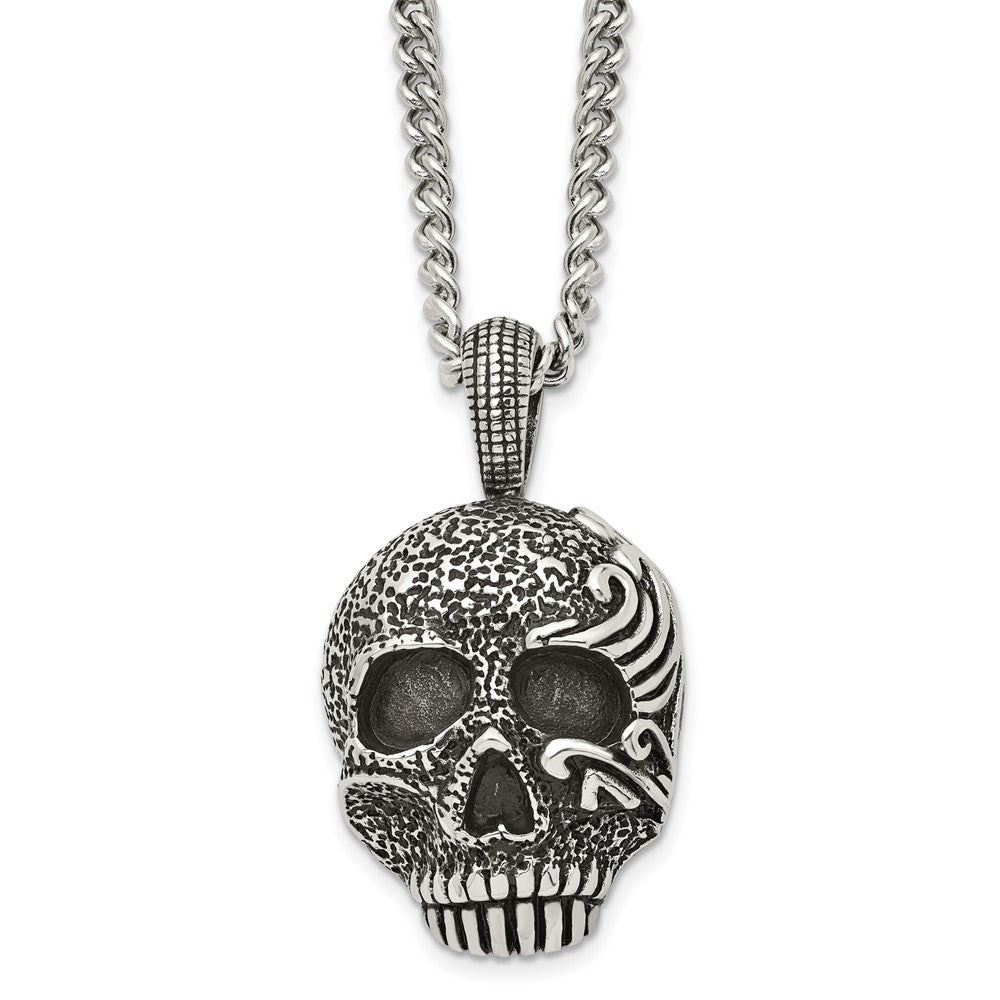 Chisel Stainless Steel Antiqued and Textured Skull Pendant on a 24 inch Curb Chain Necklace, 24 x 29 mm