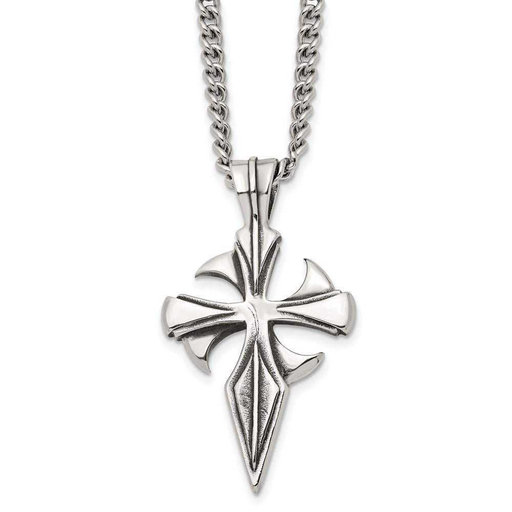 Chisel Stainless Steel Antiqued and Polished Dagger Cross Pendant on a 22 inch Curb Chain Necklace, 22 x 30 mm
