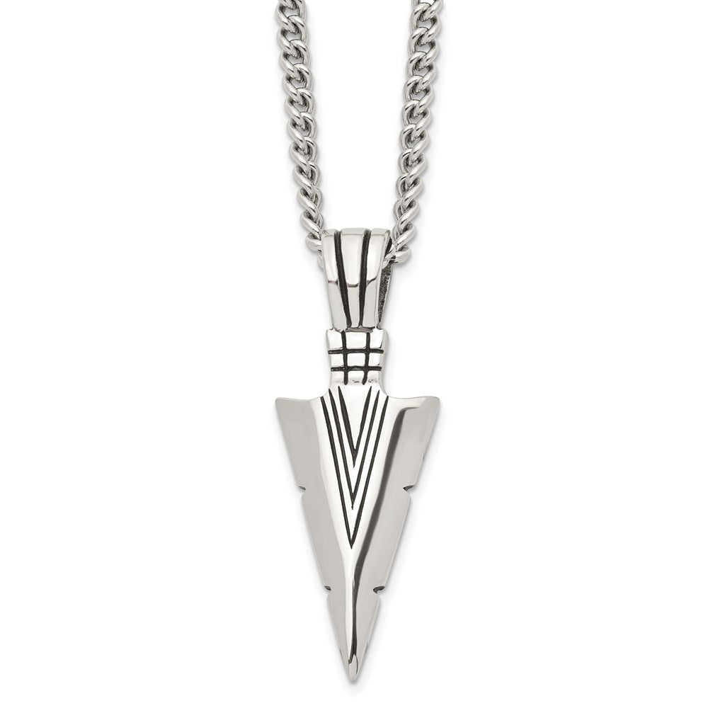 Chisel Stainless Steel Antiqued and Polished Dagger Pendant on a 22 inch Curb Chain Necklace, 22 x 20 mm