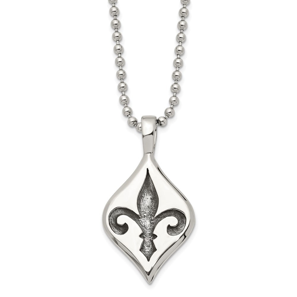 Stainless Steel Antiqued and Polished Fleur de lis 22in Necklace, 22 mm