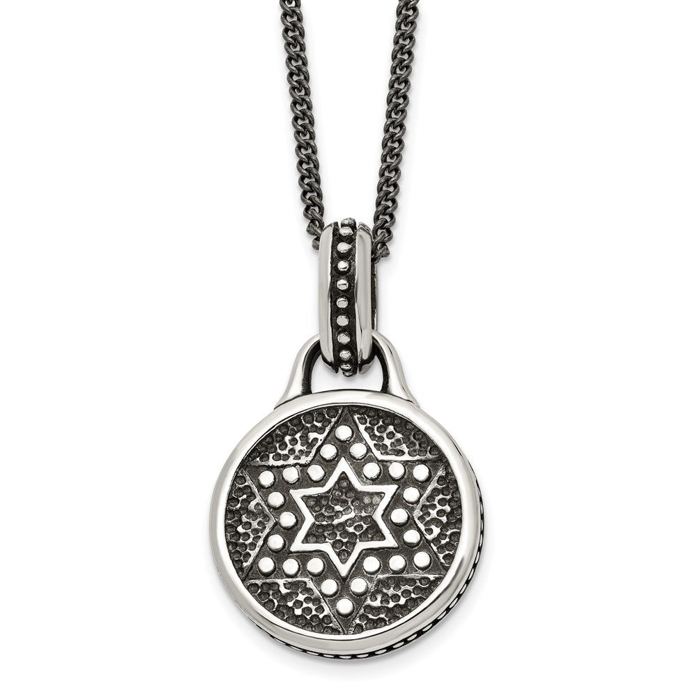 Stainless Steel Antiqued and Polished Star of David 22in Necklace, 22 mm