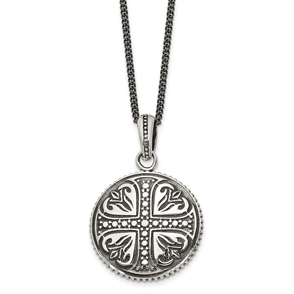 Stainless Steel Antiqued and Polished Cross Circle 22in Necklace, 22 mm