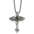 Stainless Steel Antiqued w/Syn Black Agate Cross w/Wings 24in Necklace, 24 x 51 mm