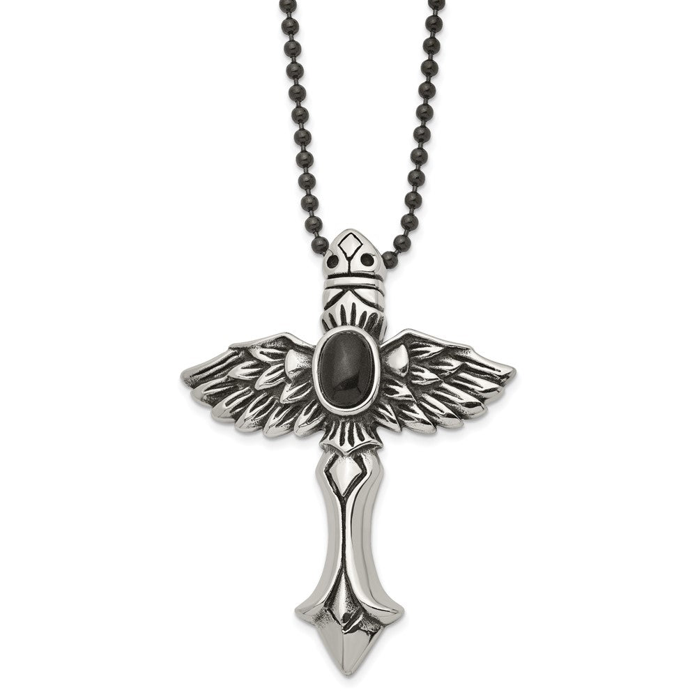 Stainless Steel Antiqued w/Syn Black Agate Cross w/Wings 24in Necklace, 24 x 51 mm
