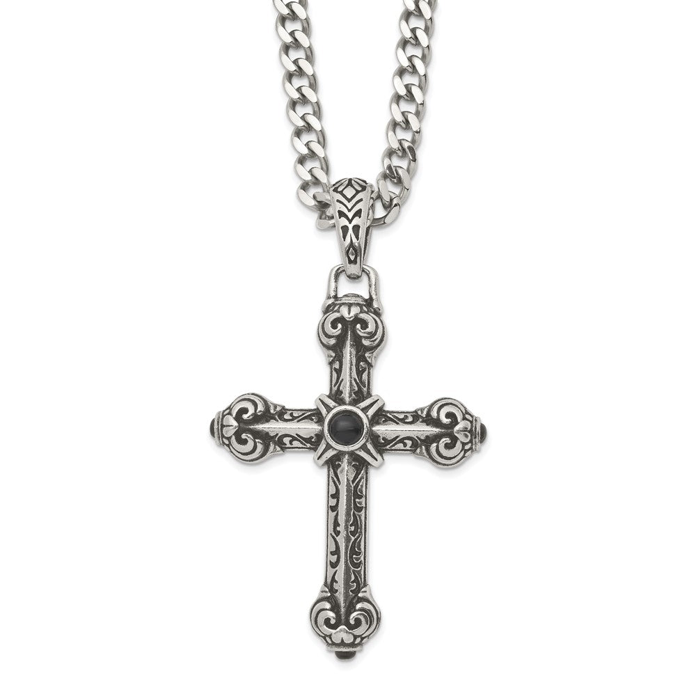 Chisel Stainless Steel Antiqued and Polished with Synthetic Black Agate Cross Pendant on a 24 inch Curb Chain Necklace, 24 x 52 mm