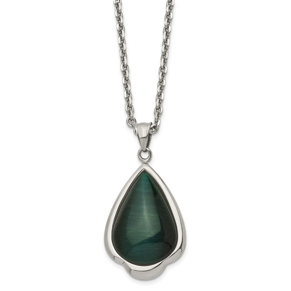 Stainless Steel Polished Synthetic Green Cats Eye Teardrop 20in Necklace, 20 mm