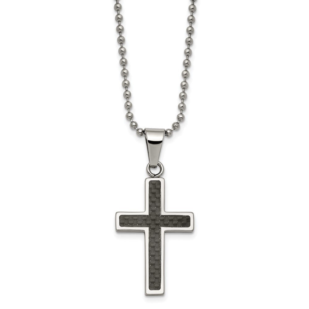 Chisel Stainless Steel Polished with Black Carbon Fiber Inlay Cross Pendant on a 22 inch Ball Chain Necklace, 22 x 18 mm