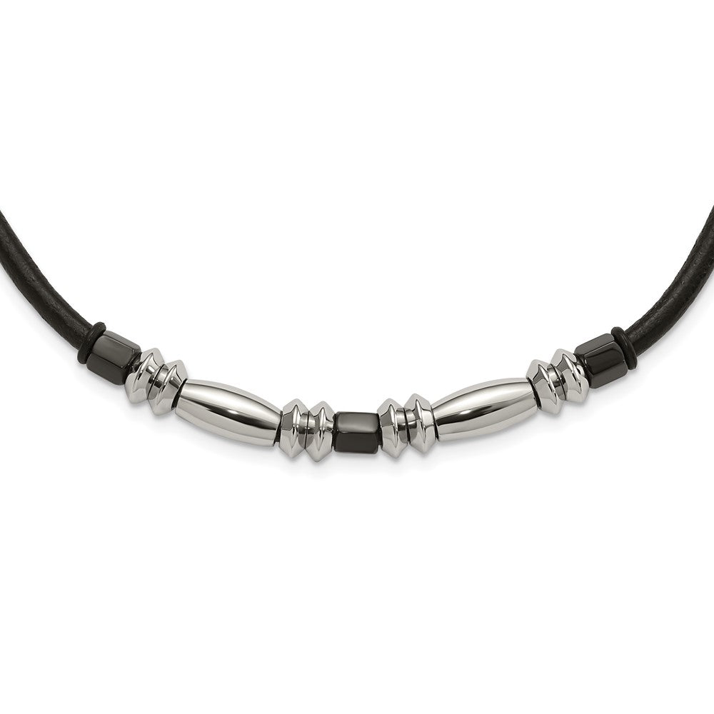 Stainless Steel Polished & Hematite Beads Leather Cord Necklace, 16.5 x 8.5 mm