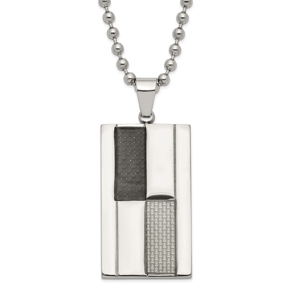 Stainless Steel Polished Black & Grey Carbon Fiber Inlay Dogtag Necklace, 24 mm