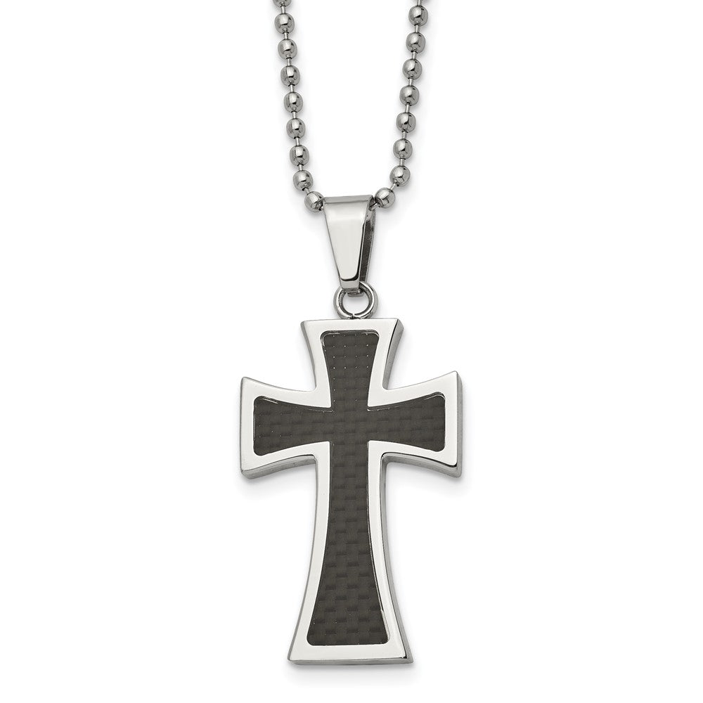 Chisel Stainless Steel Polished with Carbon Fiber Inlay Cross Pendant on a 22 inch Ball Chain Necklace, 22 x 21 mm