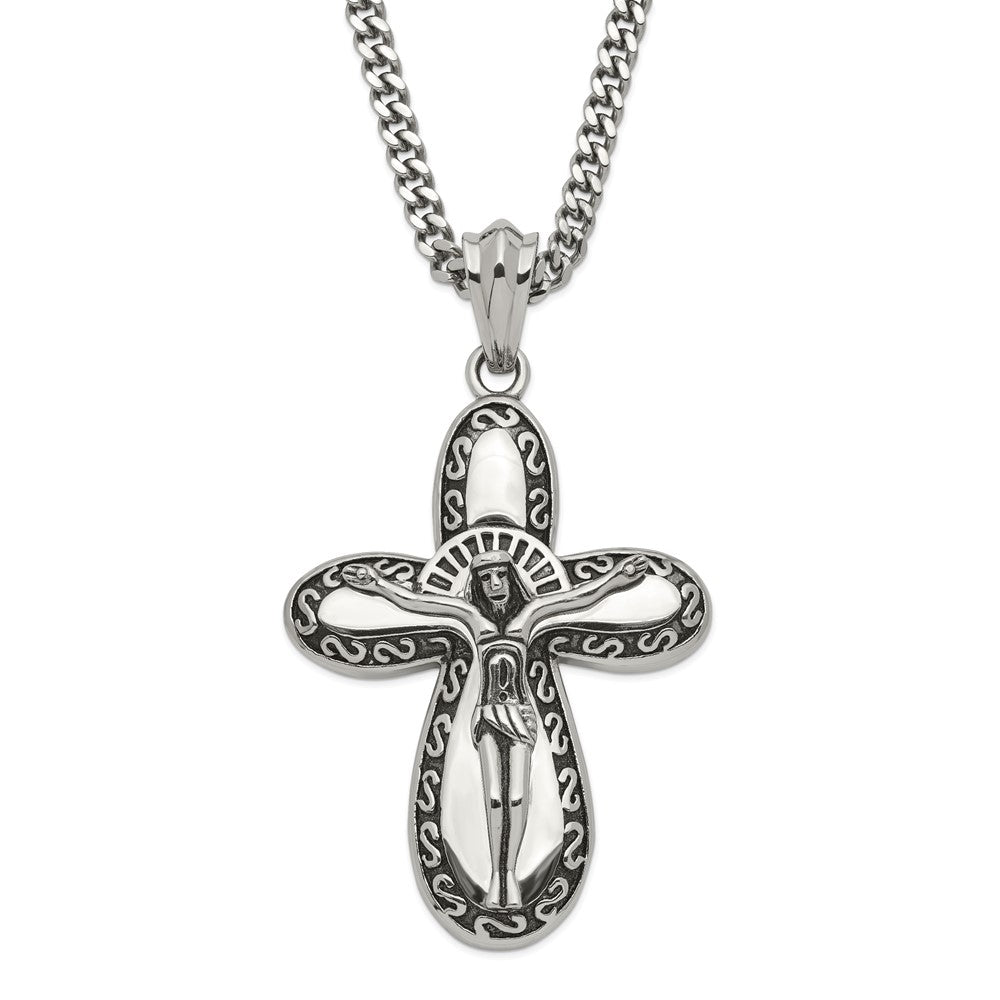Stainless Steel Antiqued & Polished Crucifix Necklace, 24 mm