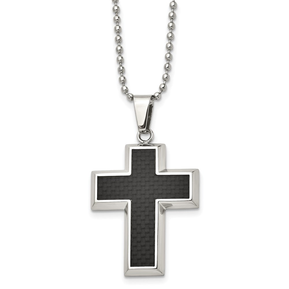 Chisel Stainless Steel Polished with Black Carbon Fiber Inlay Cross Pendant on a 22 inch Ball Chain Necklace, 22 x 25 mm