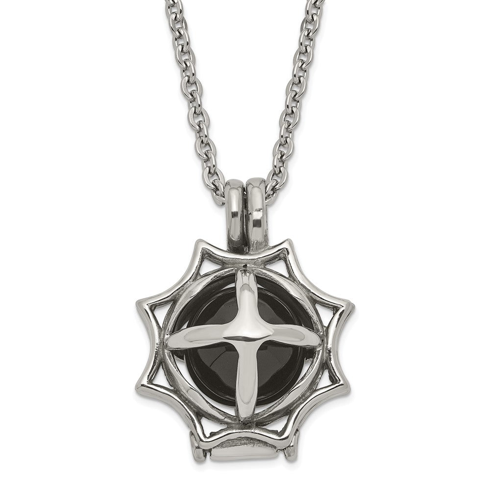 Stainless Steel Polished Black Agate Sun Pendant Necklace, 20 mm