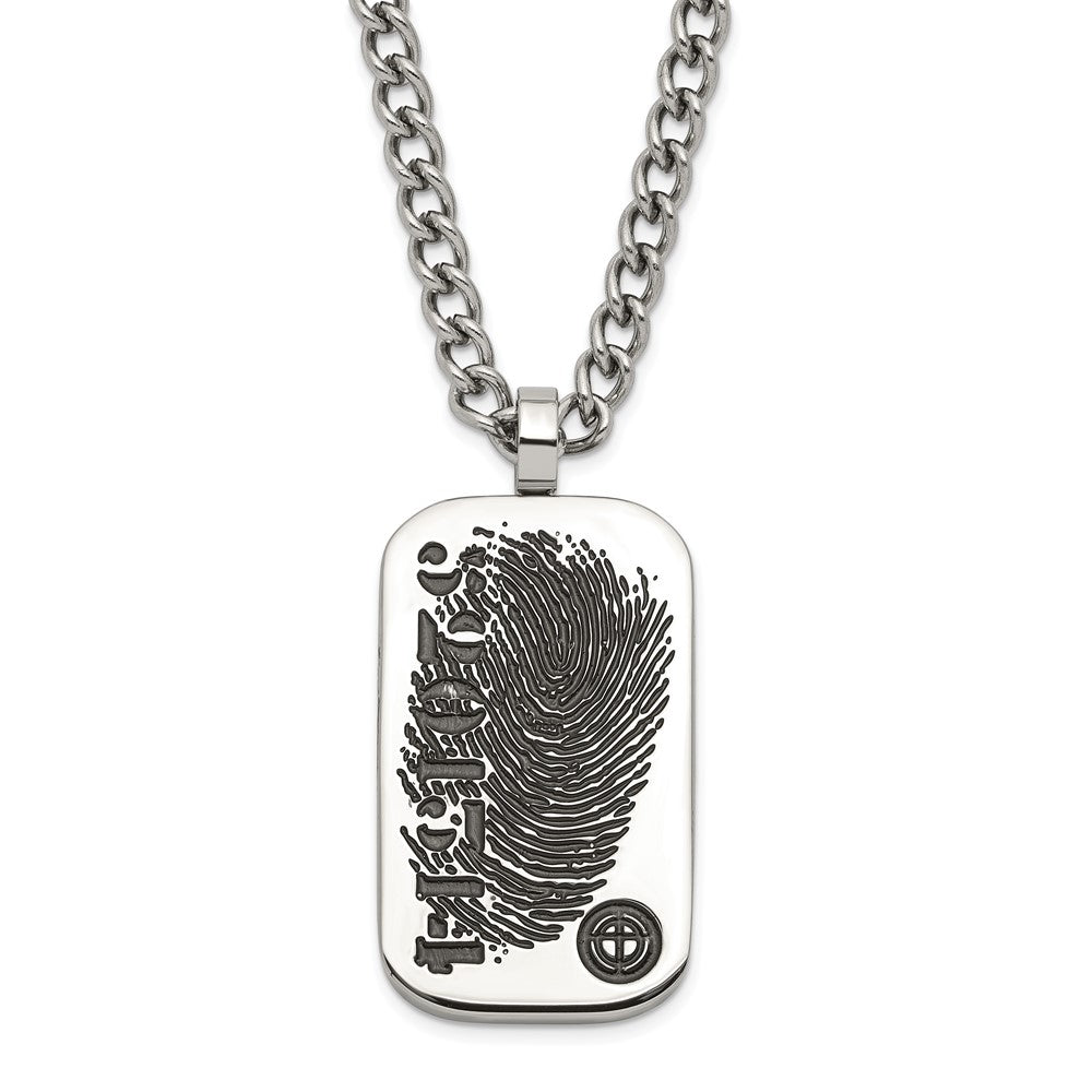 Stainless Steel & Black Enamel Reversible Black CZ Fingerprint Dog Tag w/ 2in ext Necklace, 22 mm