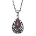 Stainless Steel Polished & Antiqued Purple Cat's Eye Teardrop Necklace, 20 mm