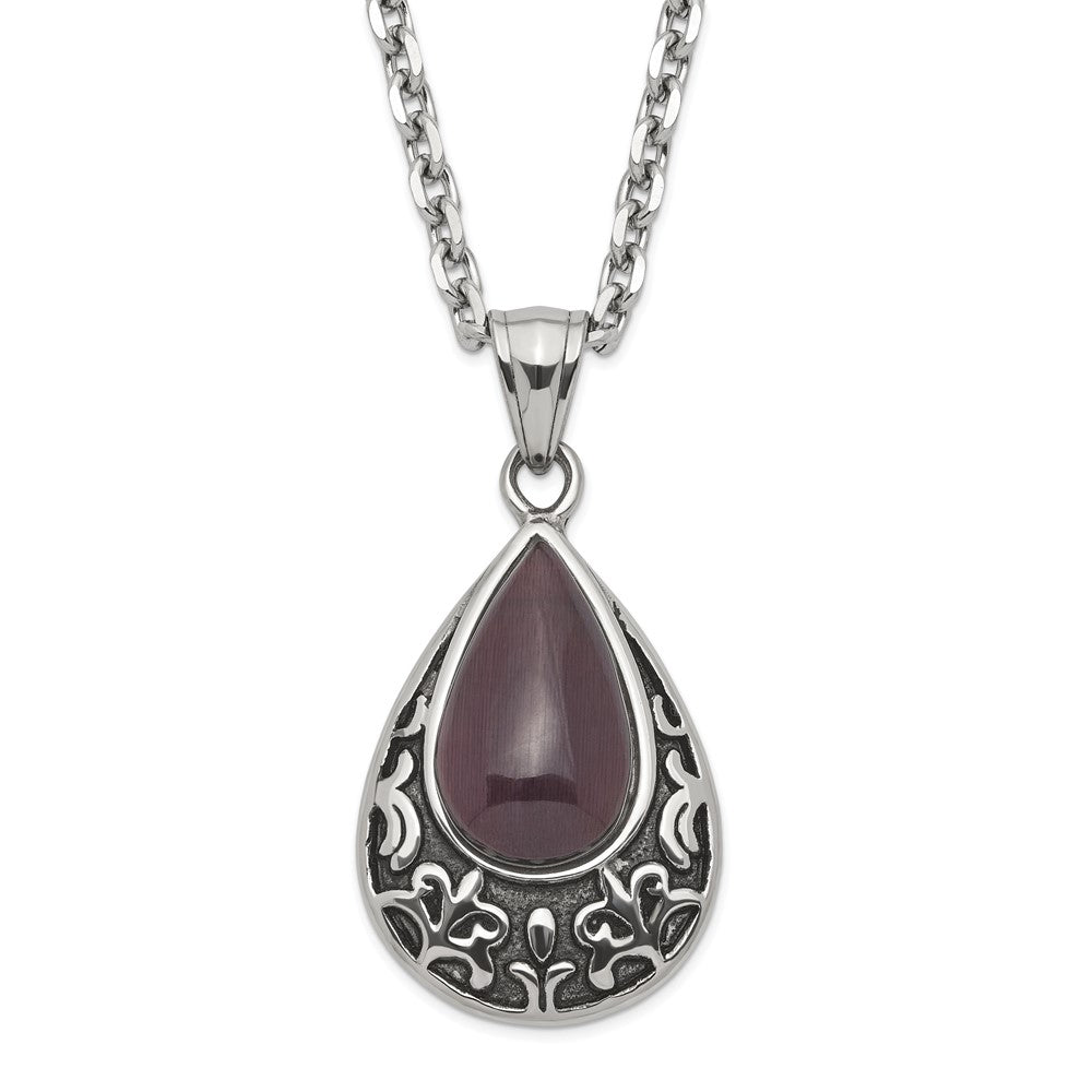 Stainless Steel Polished & Antiqued Purple Cat's Eye Teardrop Necklace, 20 mm