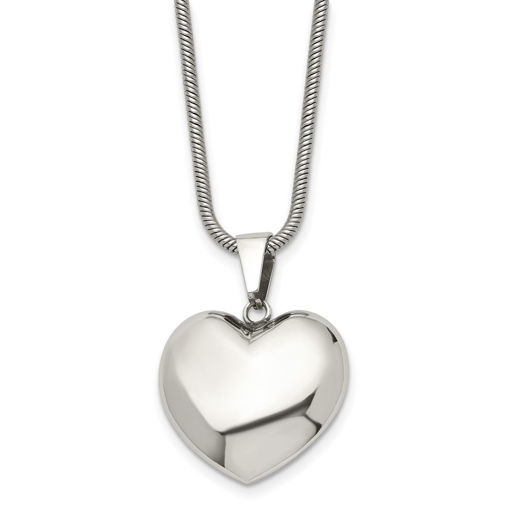 Stainless Steel Polished Hollow Puffed Heart 20in Necklace, 20 mm