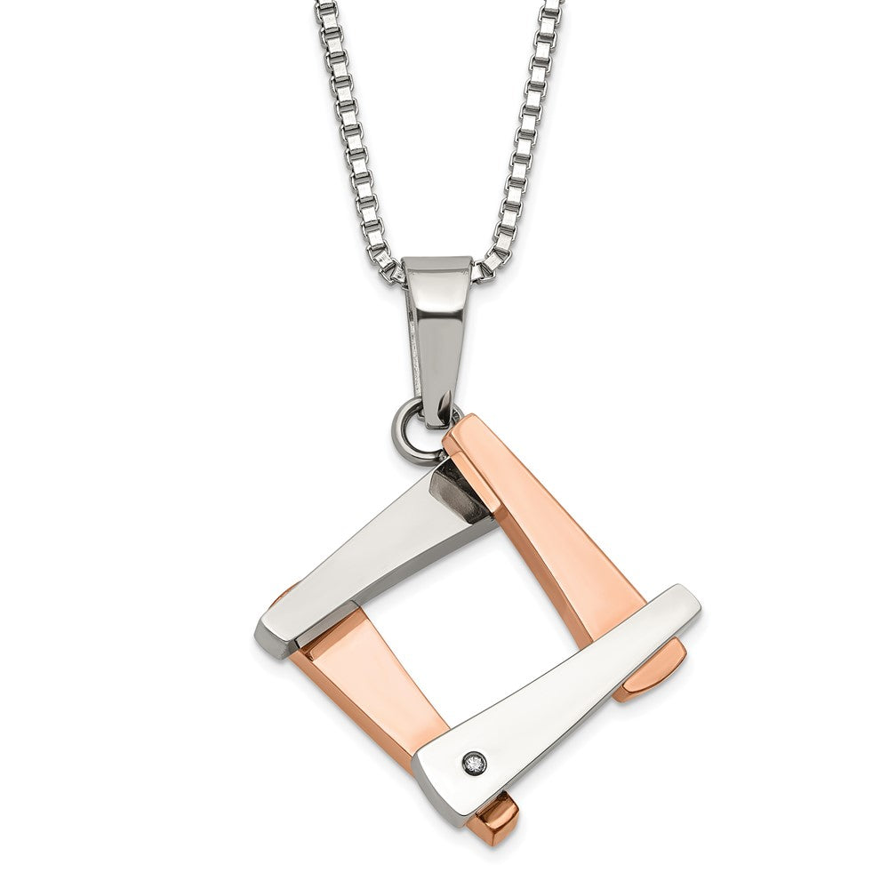 Stainless Steel & Rose IP-plated Polished Fancy CZ Square Necklace, 18 mm
