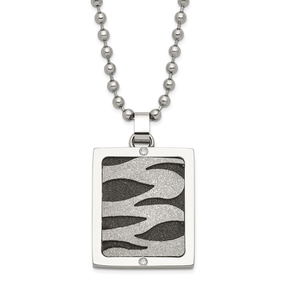 Stainless Steel & Black IP-plated Lasercut CZ Dog Tag Necklace, 22 x 20 mm