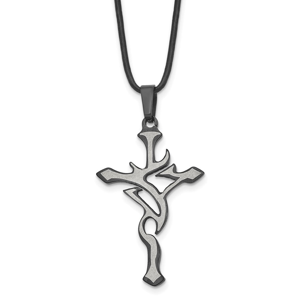 Chisel Stainless Steel Brushed and Polished Black IP-plated Cross Pendant on an 18 inch Leather Cord Necklace, 18 x 30 mm