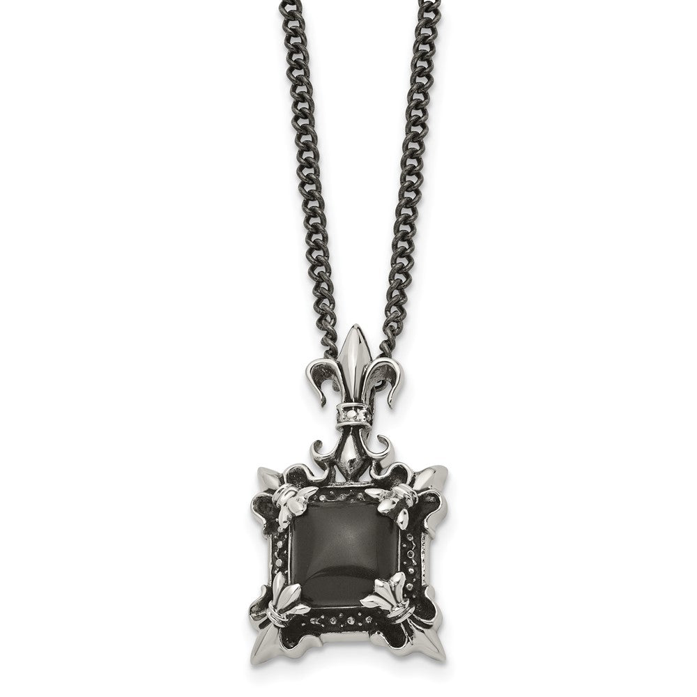 Stainless Steel Antiqued & Polished w/Black Agate Fleur de lis Necklace, 20 x 19 mm