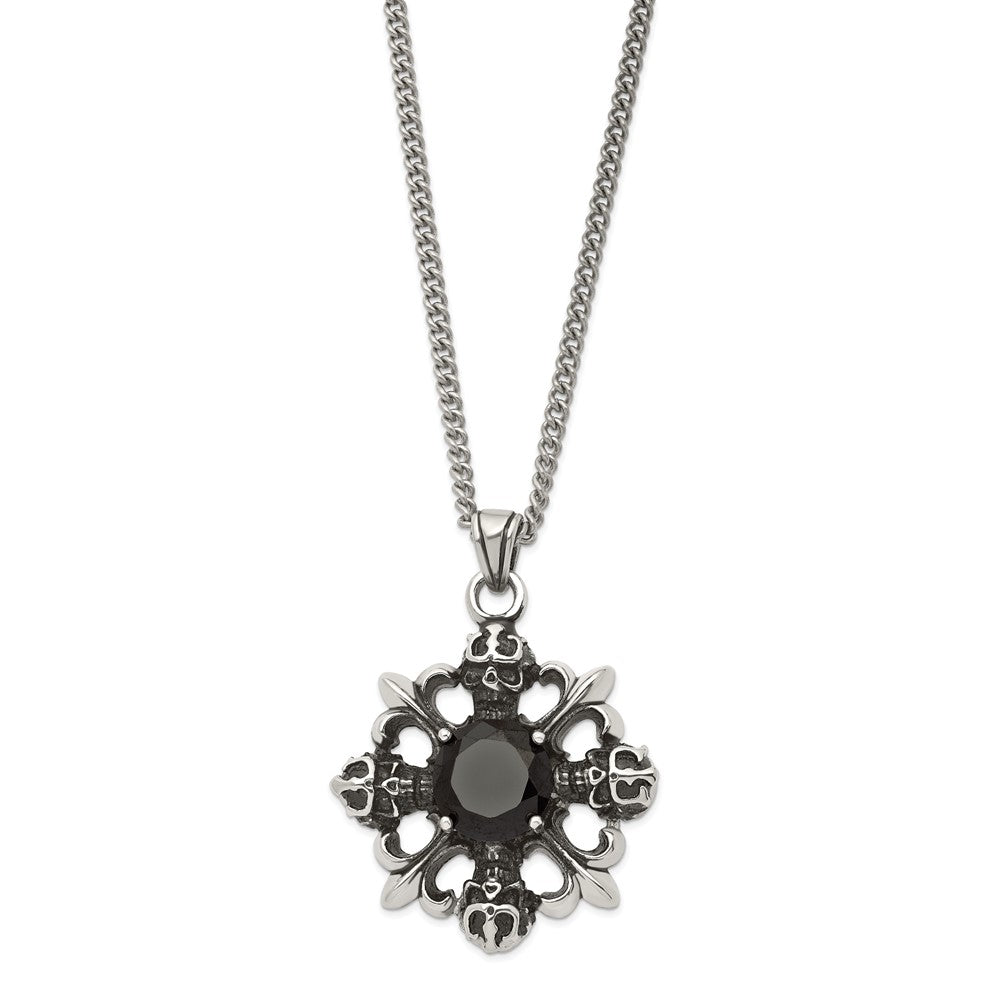 Stainless Steel Antiqued & Polished w/Black CZ Skulls & Fleur de lis Neckla, 22 mm