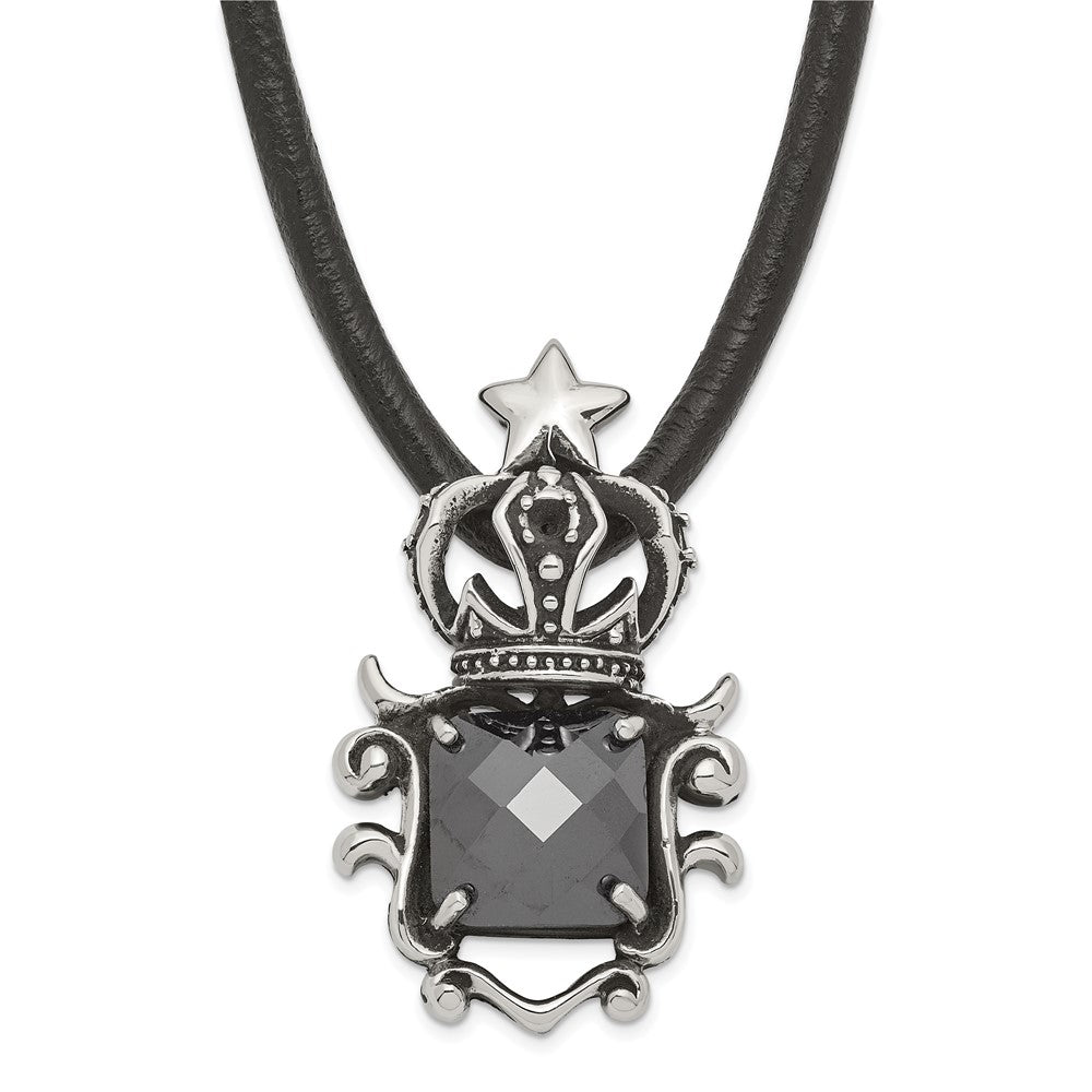 Stainless Steel Antiqued Star Crown with Black Glass Necklace, 20 mm