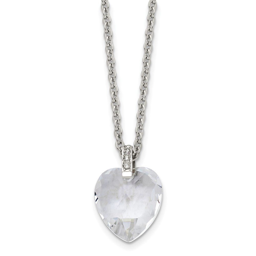 Stainless Steel Polished Crystal Heart w/CZ 18in Necklace, 18 mm
