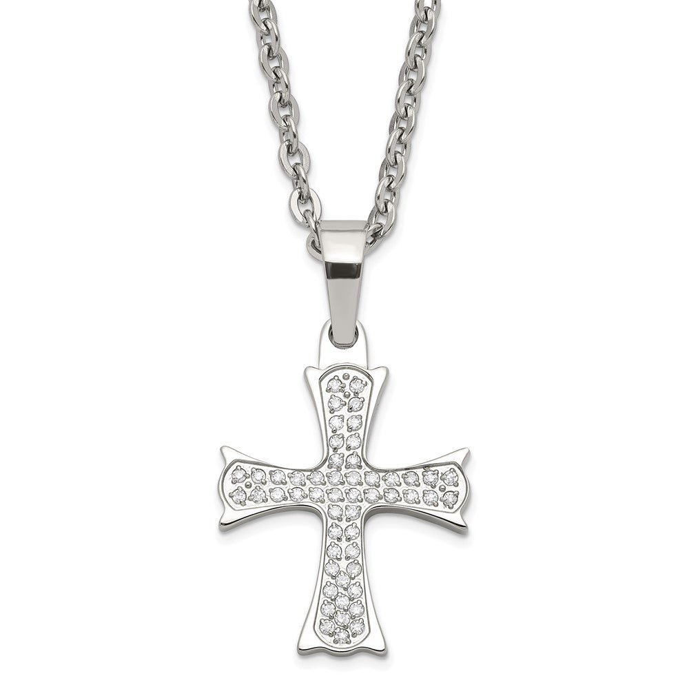 Stainless Steel Polished CZ Cross Necklace, 18 mm
